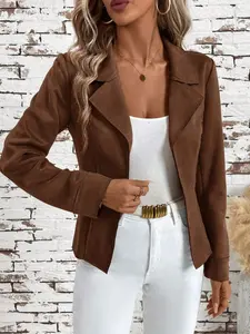 A lady's brown collar blazer with a waistline and long sleeves, exuding elegant style and suitable for both casual and formal occasions, Woven Jacket
