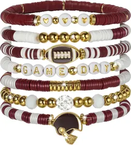Sporty Chic Bracelets for Women Vibrant Blue White Red Gold Stretch Heishi Clay Beaded Bracelets Stylish Stackable Bangles for Game Days Casual Special Occasions Football Mom Jewelry Gift