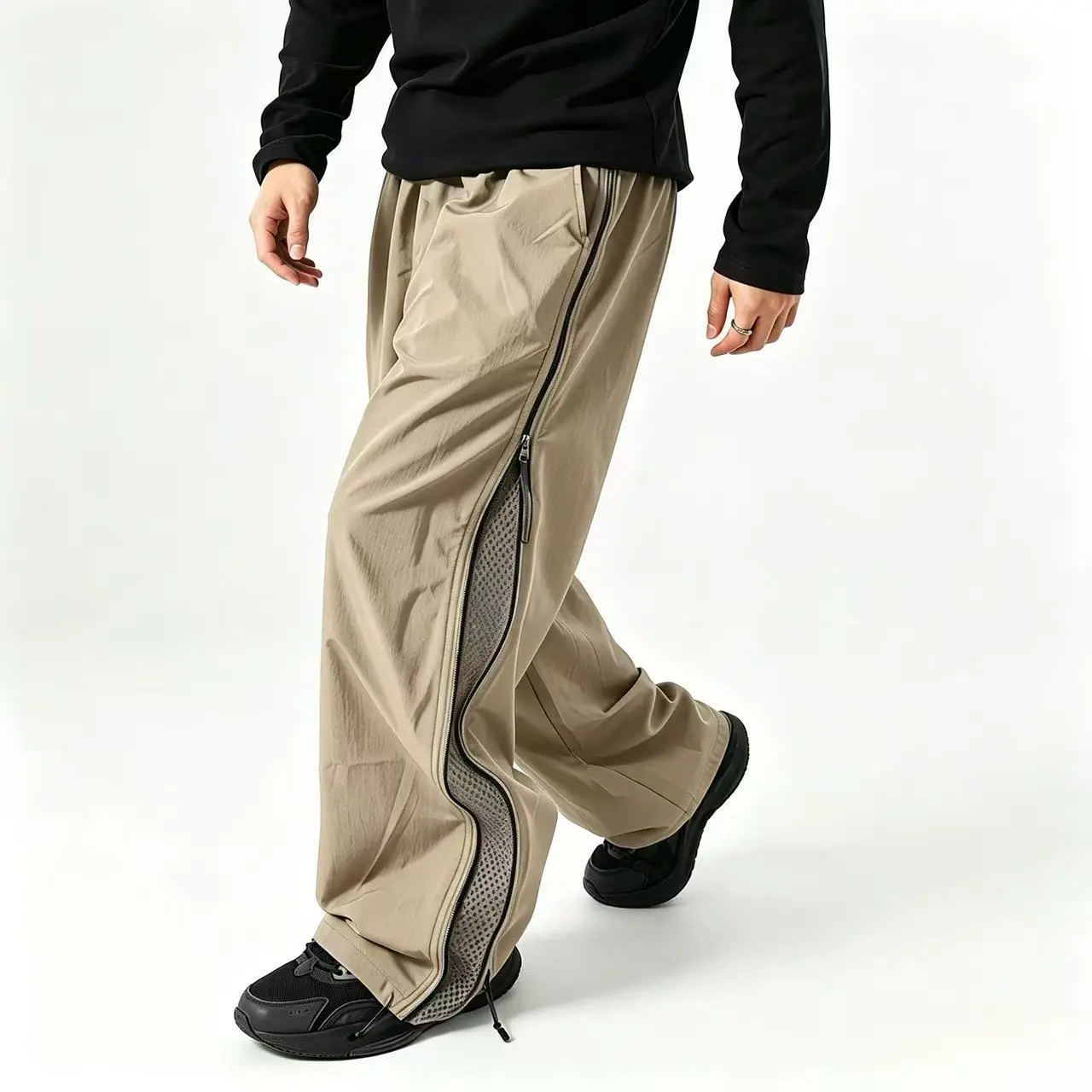 Men's Wide-Leg Hiking Pants with Full Side Zipper, Sporty Chic Breathable Quick-Dry Fabric for Outdoor and Gym, Plain, Cuffed, Pocket, Elastic