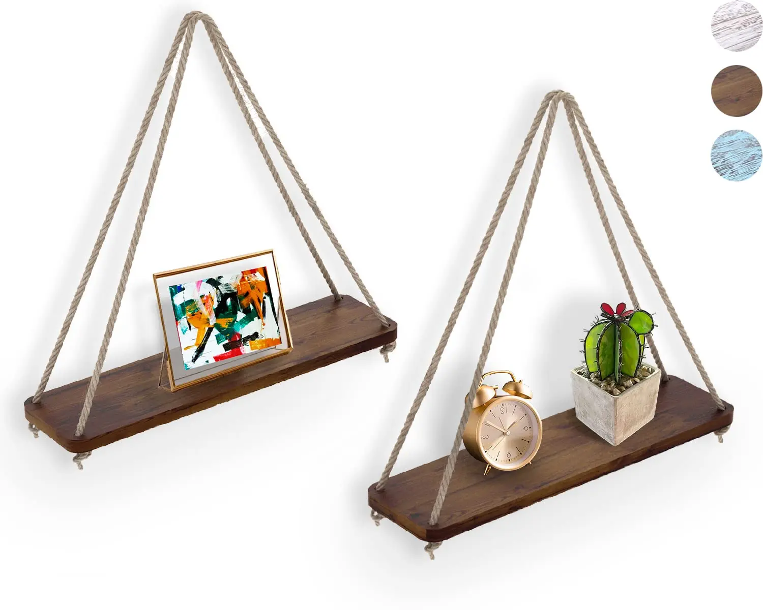 Hanging Shelves for Wall - Set of 2 – Rustic Farmhouse Boho Shelves with String– 17”x5.2” – Thick Distressed, Torched Look Real Wood - Brown Color