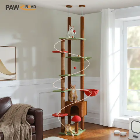 PAWZ Road Green Cactus Floor-to-Ceiling Cat Tree, Adjustable Height (90.5-100.4in/230-252cm) with Condo, Hammock, Scratching Post, Cute Mushroom Design, Mushroom Scratcher for 1-44lbs Cats' Climbing, Play, Modern Home Decor,familyfun