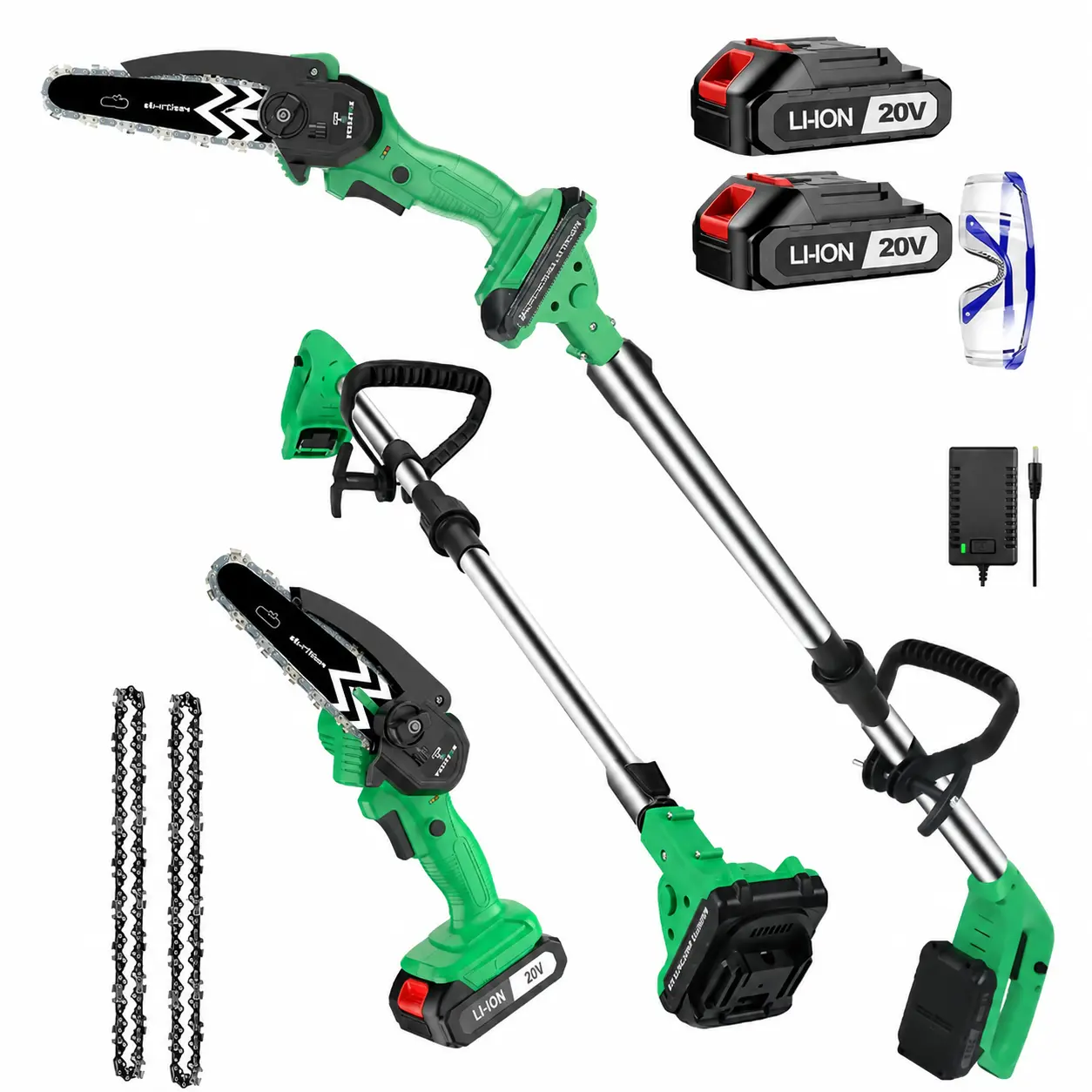 20V 2-in-1 Cordless Pole Saw & Mini Chainsaw Kit - Telescoping Extension Pole, Auxiliary Grip, Charger, Replacement Chains, Metal/Plastic Battery-Powered Garden Tool for Branch Pruning, Outdoor Maintenance, 2-In-1 Kit