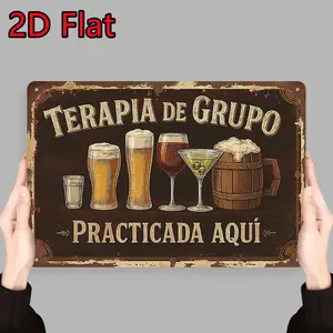 Vintage Tin-Aluminium Wall Art Sign, Spanish Quote "Terapia De Grupo Practicada Aquí", Beer Cocktail Illustrations, 11.8x7.8in Rustic Home Decor for Man Cave, Bar, Ideal Gift
