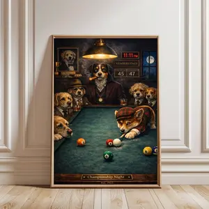 Artistic Dogs Playing Pool Graphic Print Wall Art - Funny Billiards Paper Decoration, Vintage Country Club Game Room Home Decor Gift