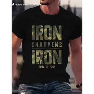 Men's 100% Cotton Graphic T-Shirt - "IRON SHARPENS IRON" & Proverbs 27:17 Bible Verse Design, Geometric Print Casual Streetwear Tee, Breathable Summer Top, Machine Washable, Summer Fashion | Camouflage Pattern | Durable Fabric Apparel Menswear