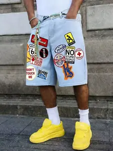 Men's Loose Fit Denim Shorts, Graphic Road Sign Print, High-Quality Cotton, Breathable Wide Leg, Casual, Summer Street Style, Retro American Fashion