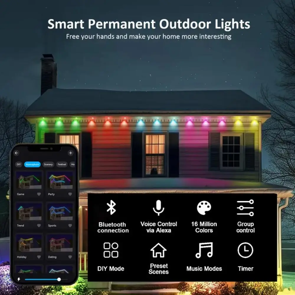 RGB Color Changing Permanent Outdoor Smart LED Eaves Lights, IP67 Waterproof, 3-Way Control (APP/Voice/Remote), Adjustable Mood Lighting with Preset Scenes for Christmas, Halloween Home Decor