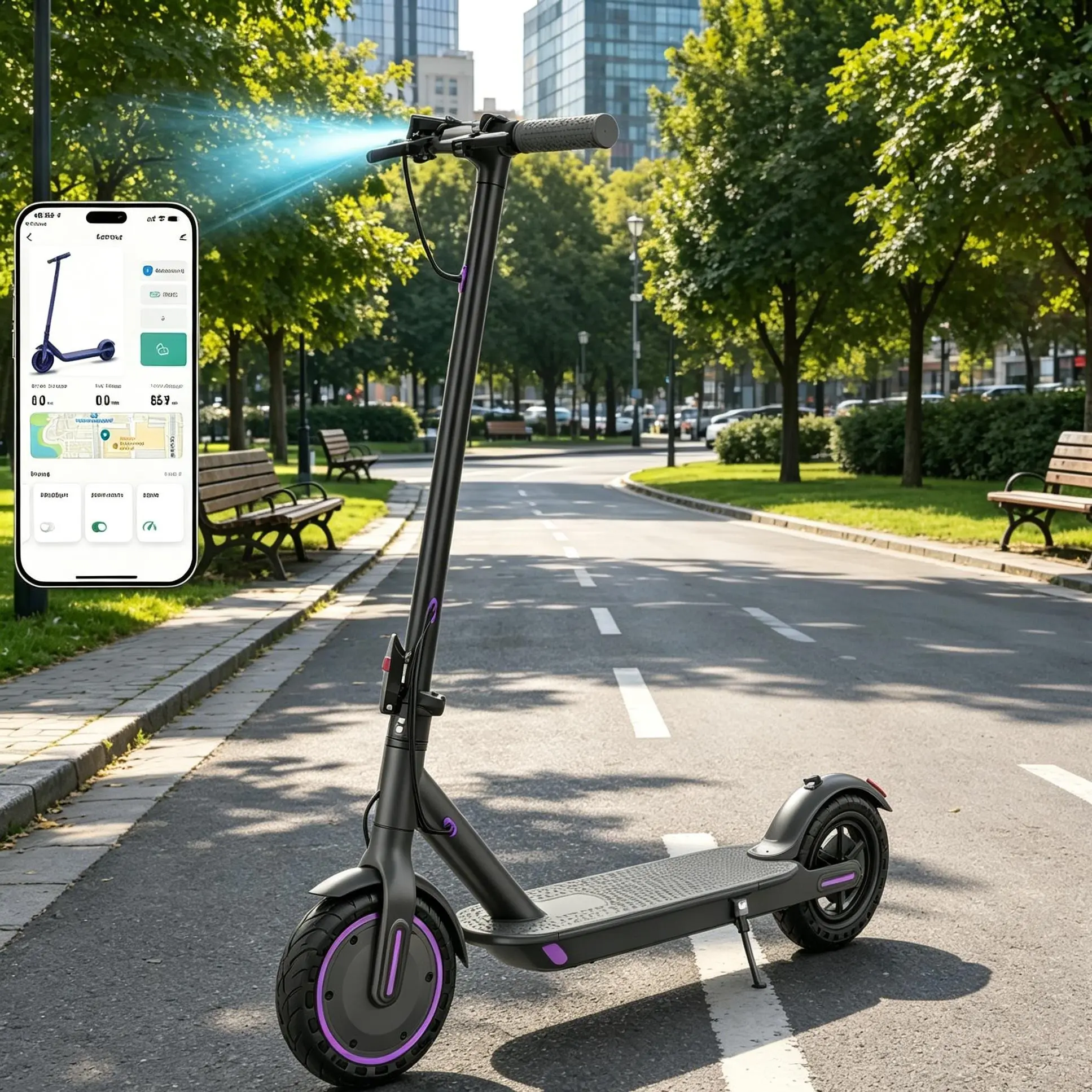 Purple Electric Scooter with 350W Motor, 8.5" Solid Tires, Max 19MPH, Long Range Adult Commuter Scooter, Dual Braking System & App Supported