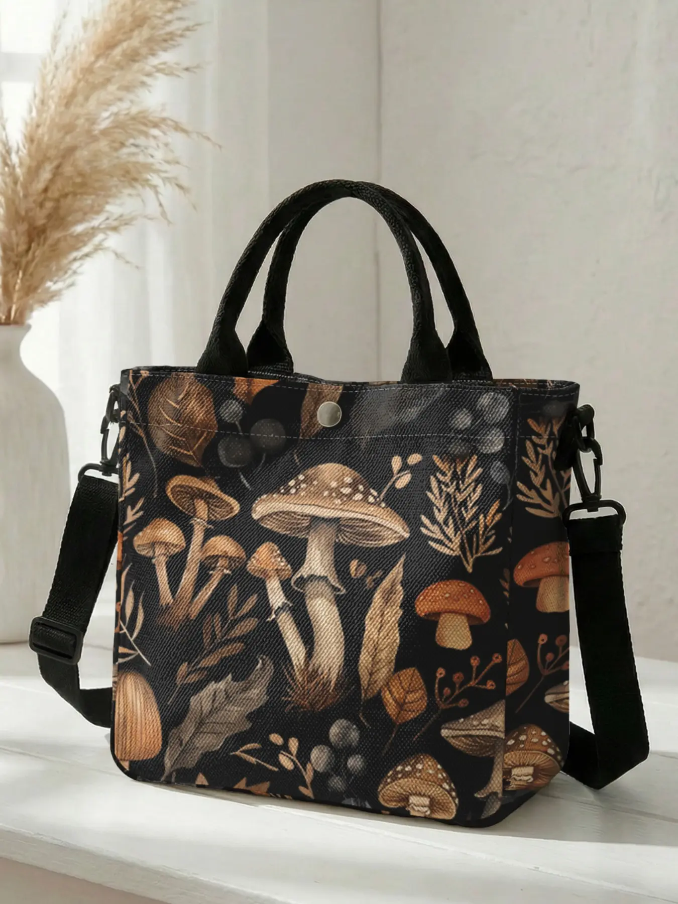 1 piece of mushroom leaf pattern 2D printed fashion crossbody bag, adjustable shoulder strap + snap closure | students/workforce/street shopping | a street essential with both aesthetic appeal and practicality