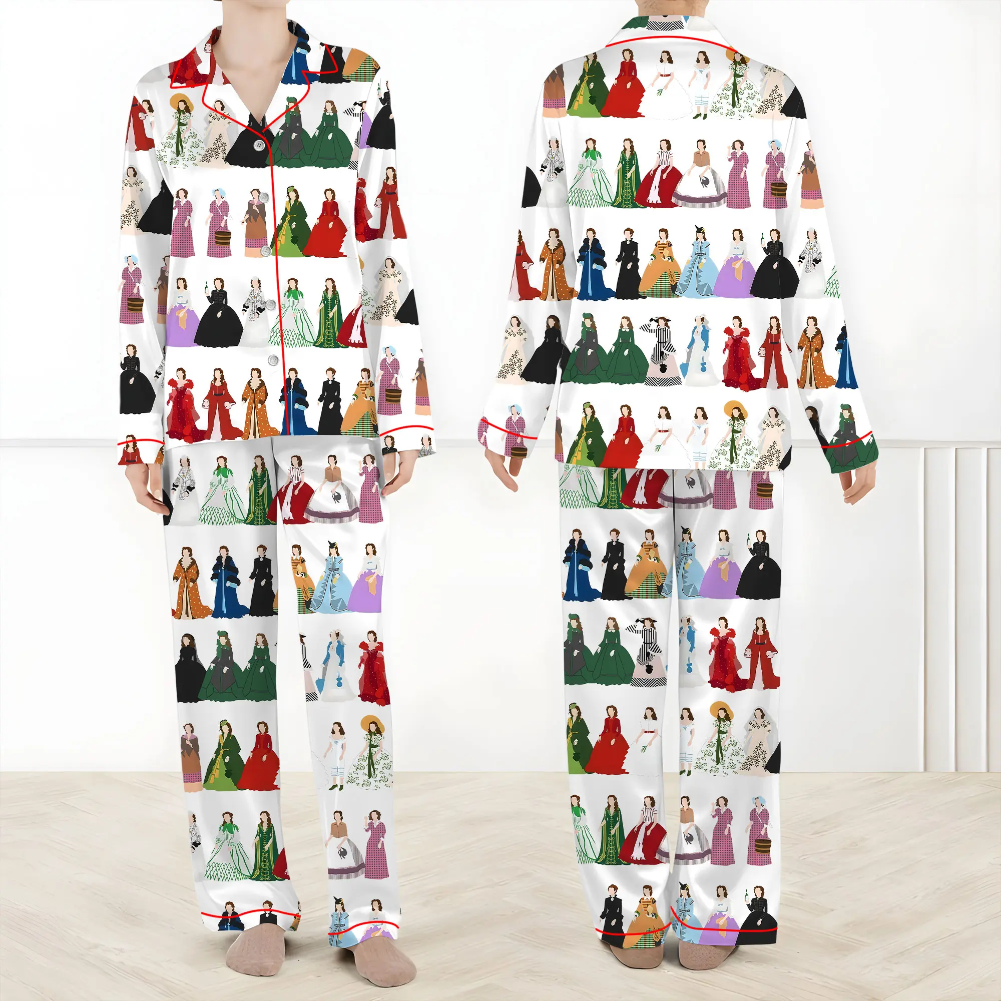 Scarlett O'Hara Dress Print Pajama Set, Vintage Gone With the Wind Sleepwear, Long Sleeve Satin PJs, Classic Movie Fan Gift