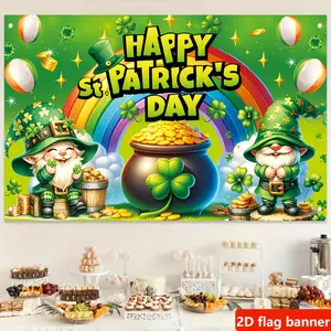1PC 2D Flat Polyester St. Patrick's Day Wall Hanging Backdrop - Reusable Irish Festival Wall Decor Flags, Ornaments, Birthday Party Decorations with Clover, Gnome, Rainbow, Gold Coin for Indoor & Outdoor Photography