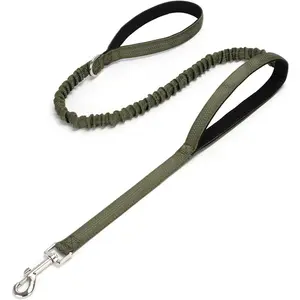 4-5FT Bungee  Leash with 2 Handles, Shock Absorbing Nylon Walking  Leash for Small Medium Dogs, Reflective, Traffic Handles, 3/4" Width, Army Green