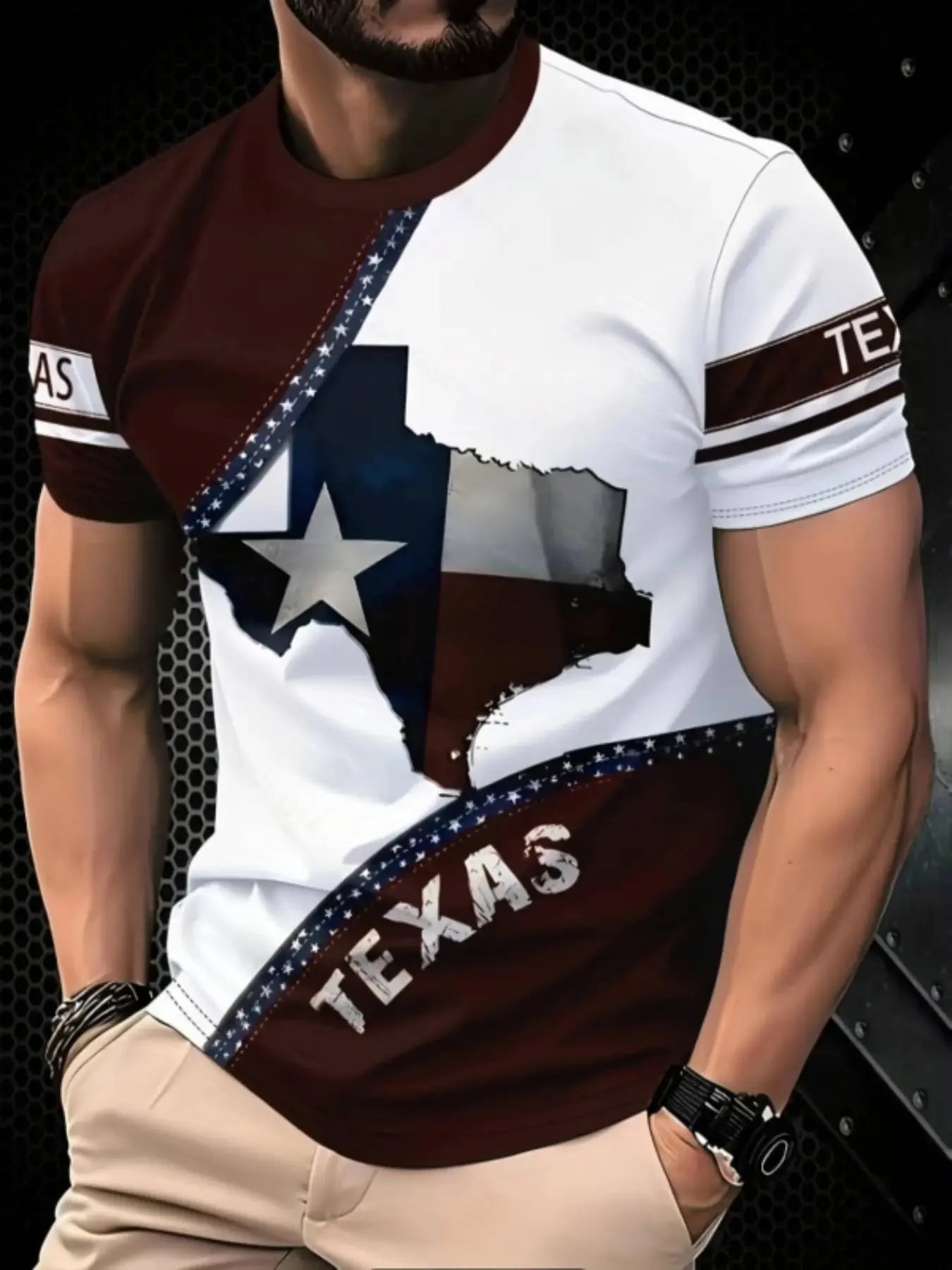 Men's Texas Flag 3D Digital Print T-Shirt, Round Neck, Top, Menswear, Wine Colorblock Streetwear Street Style Short Sleeve, Breathable Casual Fit, Casual Summer Clothing, All Seasons