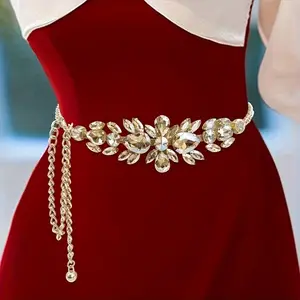 Women's Adjustable Rhinestone Chain Belt, Gold Vintage Bohemian Style Party Evening Belt