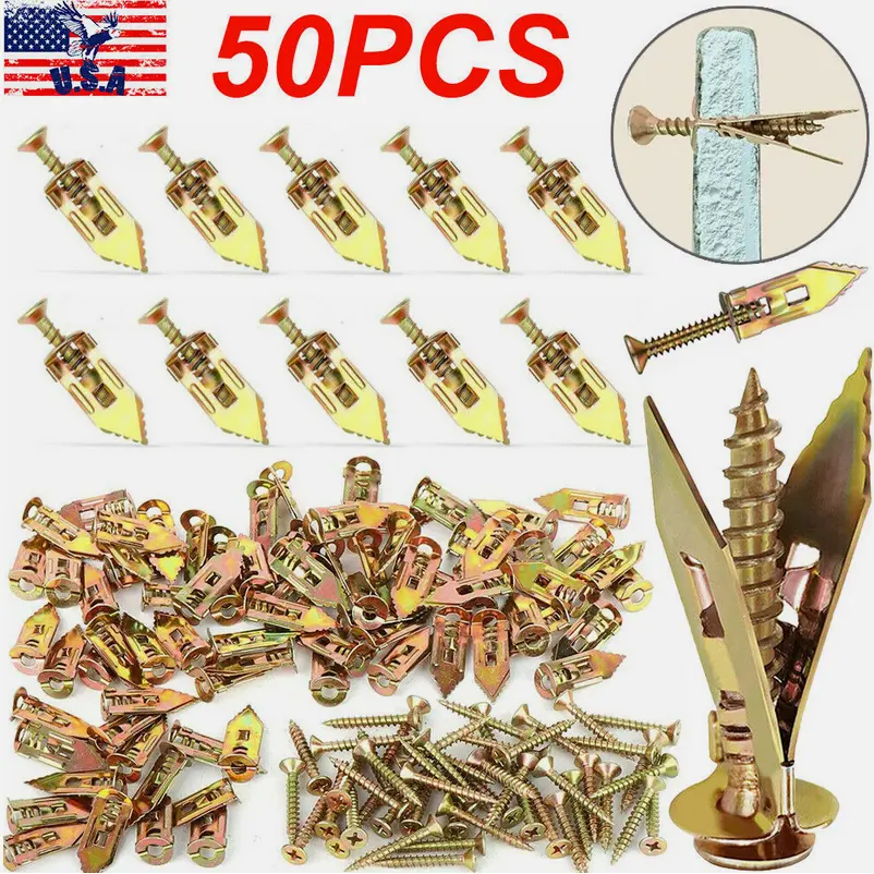 SJPACK 50pcs Self-Drilling Carbon Steel Drywall Anchors & Screws Kit, 12x30mm Hollow Wall Anchors & 4x30mm Screws, Reusable Expansion Hooks for Gypsum Board, Clock, Picture Frame, Curtains Organiser, Reuse After Item Removal