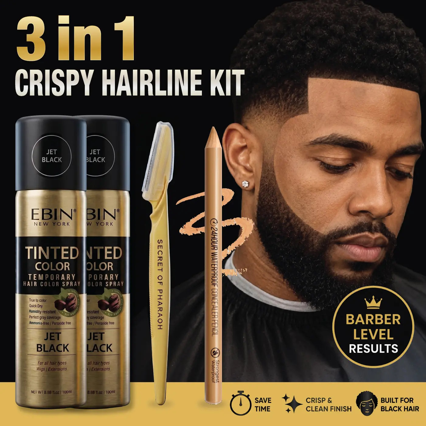 3-In-1 Temporary Hairline Enhancement Spray Kit with Free Precision Razor & sweatproof Pencil – Professional Crisp Lineup At Home (Jet Black)