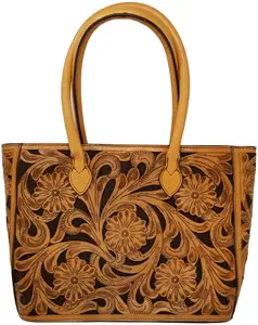 [CLEARANCE] Virginia Feans Handmade Leather Floral Tote Bag with Detachable Shoulder Strap Real Genuine Leather Zipper Closure Hand Tooling Artisan Crafted Texas Based