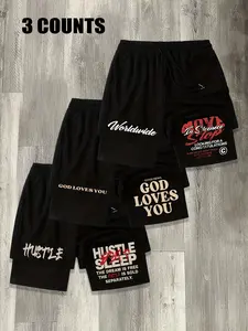 Men's 3-Pack God Loves You & Hustle 2-in-1 Shorts - Motivational Religious Print Black Athletic Shorts, Compression Liner Workout Shorts
