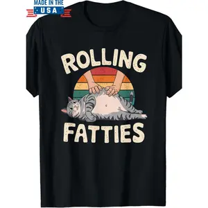 100% Made in USA, Rolling Fatties Cat Graphic T-Shirt – Funny & Cute Retro Style for Cat Lovers, Soft Cotton Fabric, Short Sleeve, Round Neck, Casual Wear, Allseason Apparel | Fun Graphic Tee | U.S. Printed Shirt, Cat Clothes