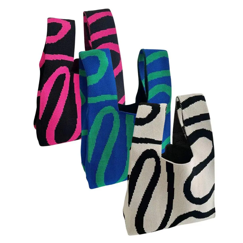 3pcs Mini Knit Tote Bag,  Abstract Line Convertible Knit Knotted Wrist Mini Handbag