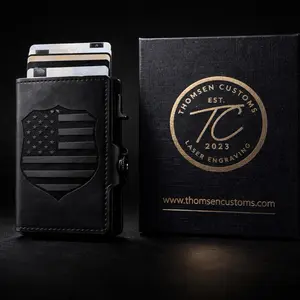 Police Shield American Flag Black Leather Pop Up Wallet RFID Blocking Veteran Design Slim Everyday Carry Holds 6-8 Cards