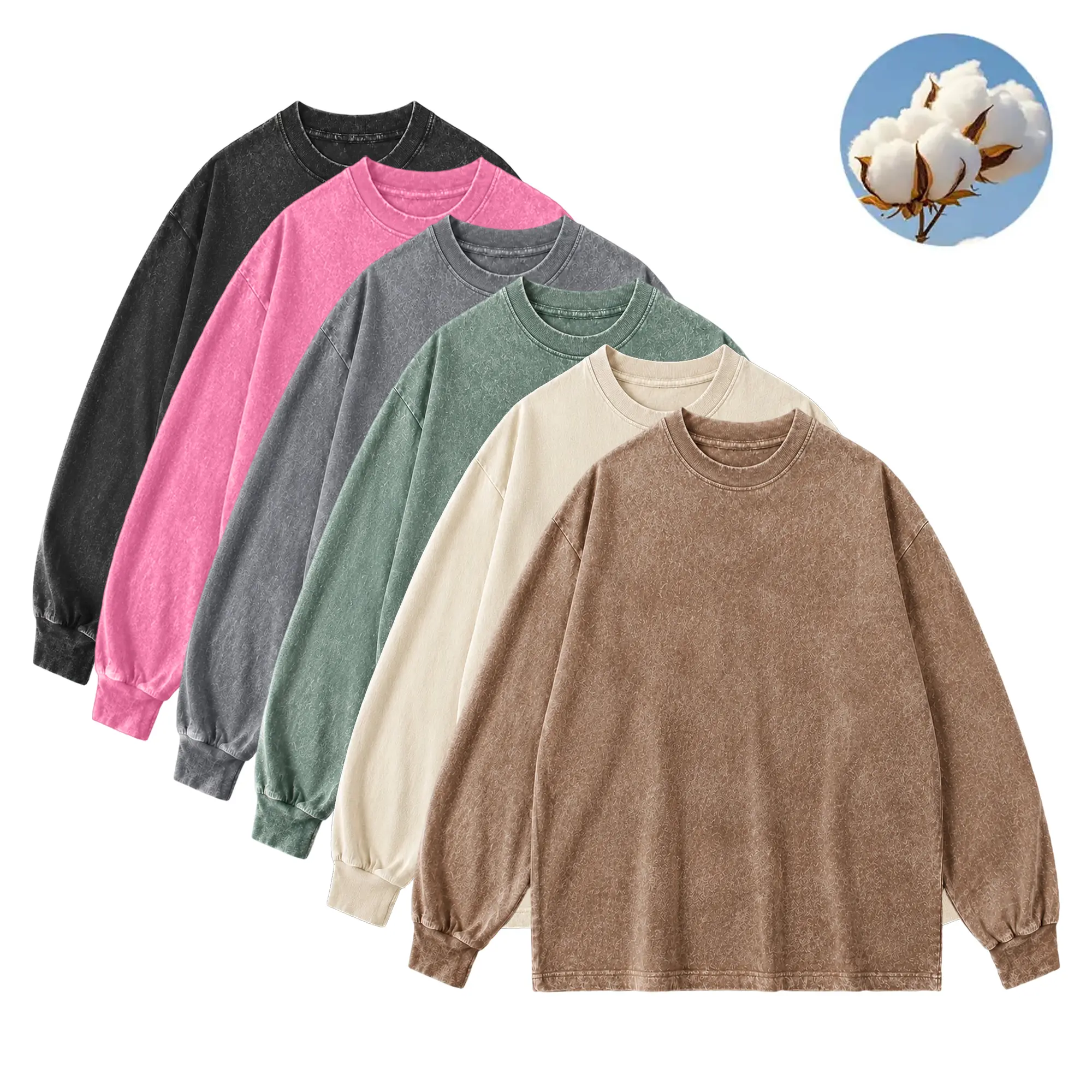 Mens Pure Cotton Long-Sleeve Crewneck Tops - New Autumn/Winter Menswear, Plain Casual Washed Distressed Look, Athletic Design, Unisex Fit, Back-to-School Essential, Ideal Gift, 1/2/3-Piece Options