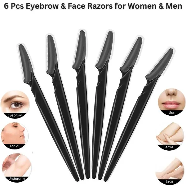 6 Pcs Eyebrow & Face Razors – Dermaplaning Facial Hair Removal Kit, Eyebrow Trimmer & Peach Fuzz Shaver with Covers (Black)
