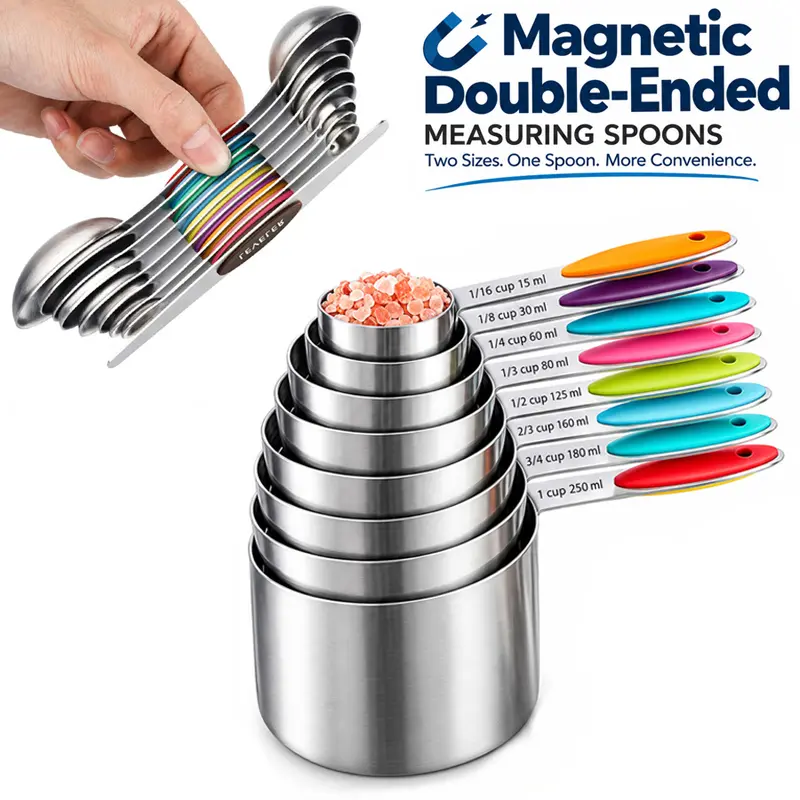 LKCSXH 17-Piece Cylindrical Stainless Steel Magnetic Measuring Cups and Spoons Set - Kitchen Food Measuring Tool with Silicone Anti-Slip Grip Handles, Metric Marks, Multi-Size for Ingredient Measurement
