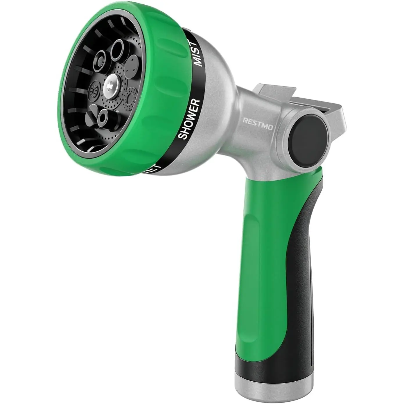 RESTMO Heavy Duty Zinc Alloy Adjustable Spray Nozzle, Thumb Control High Pressure Multifunction Tool with 7 Spray Modes, TPR Rubber Grip, 3/4" NH Universal Fit, All-Season Green Garden Hose Accessory for Outdoor Watering
