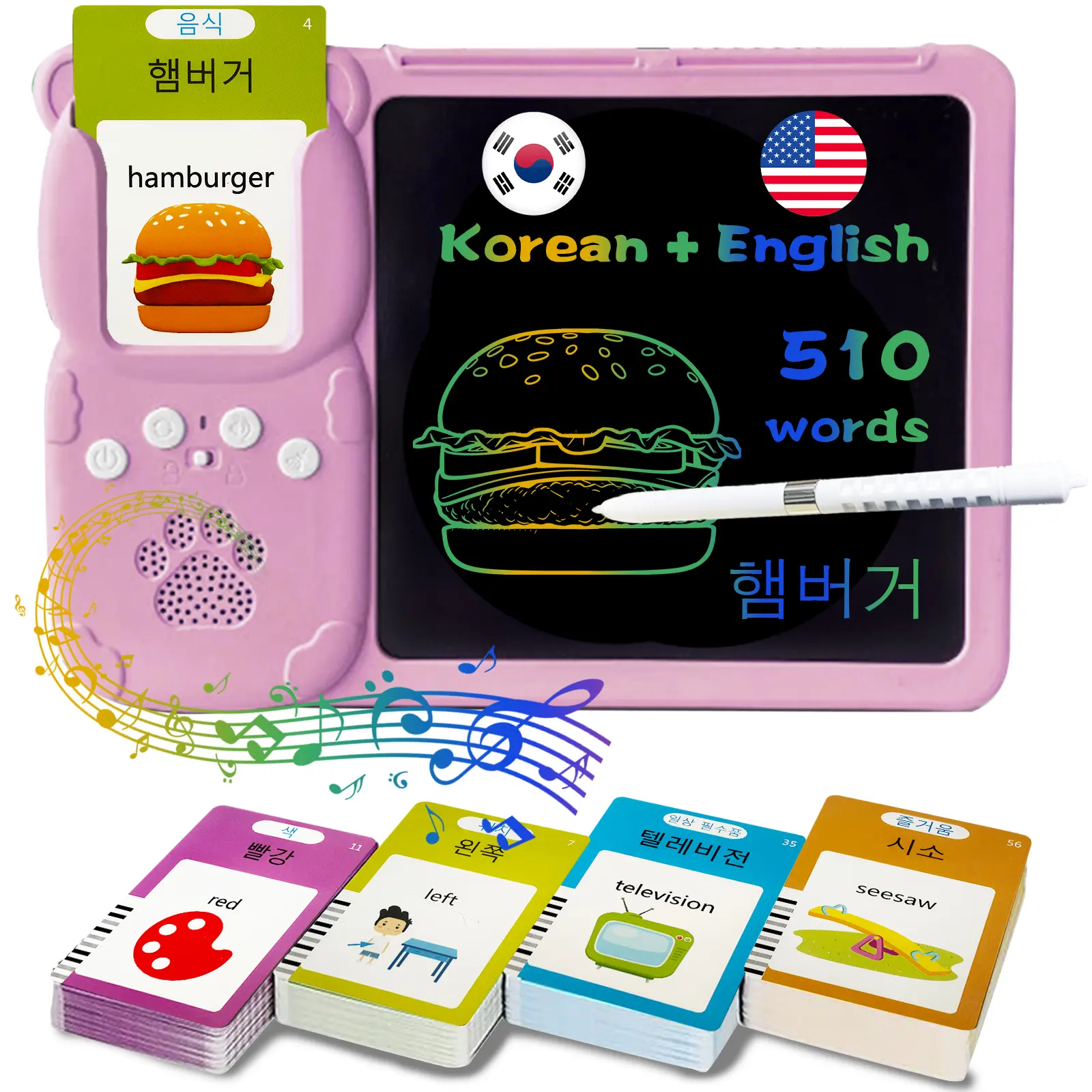 Bilingual English Korean Talking Flash Cards with Writing Tablet - 8" LCD Tablet for Writing, Messing-Free Drawing Pad, 510 Daily Words, Speaking Sensory Toys for Autistic Children, Educational Toys Gifts for Boys Girls 3-12, Language Learning Tool, Pink