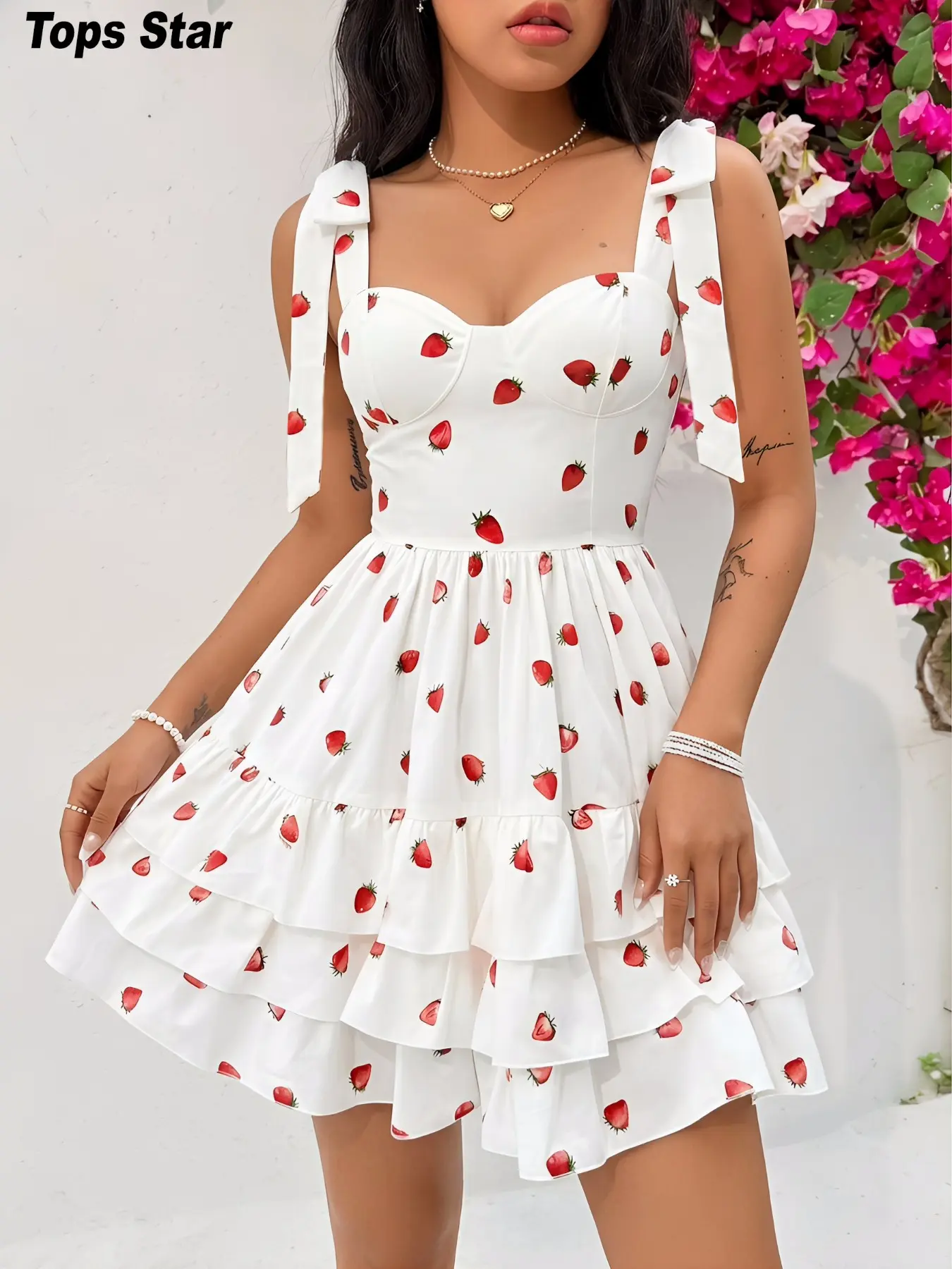Women's Strawberry Print Feminine Sexy Cute Elegant Sleeveless Tie Butterfly Knot Ruffled Summer Mini Boho Printed Dress Casual Wear, Perfect for Daily Outing, Dating, Office, Party, Street Photography, Boho Chic Style Dresses
