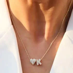 Bubble Heart Initial Necklaces for Women, 14K Gold Plated Tiny A-Z Letter Pendant Choker Dainty Pave CZ Monogram Jewelry Gifts Valentines Gift