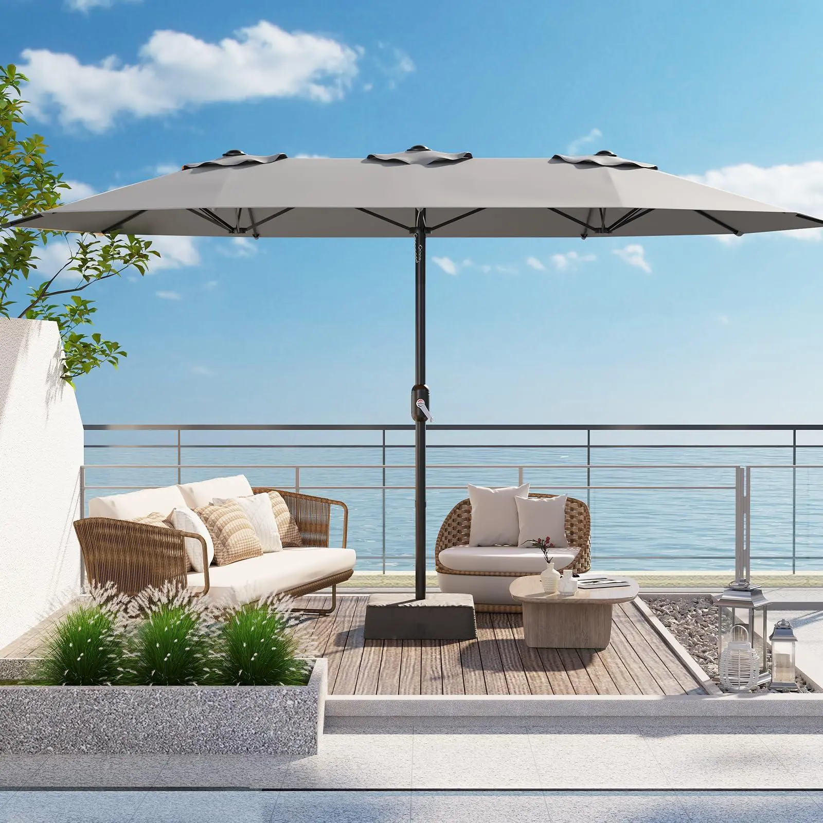 Garvee 15FT Rectangular Extra-Large Double-Sided Patio Umbrella - Crank Operated Polyester Parasol with Included Base, UV Protection, Heavy Duty Sunshade for Backyard Party, Decks