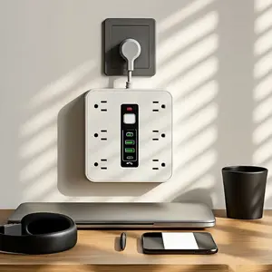 16-in-1 white power board with switch and lightning protection function, multi-functional wall-mounted power board, with 12 AC sockets, 2 type-c interfaces, 2 USB interfaces, daily essential, suitable for home, school, dormitory, office and travel