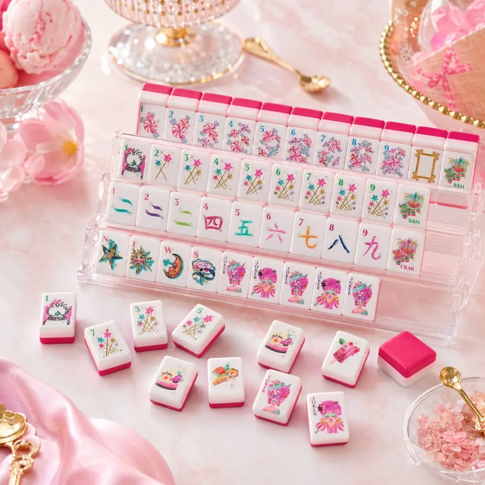 160-piece American-style mahjong set, pink layered glossy tiles, smooth and durable tabletop game, perfect for adult game nights, parties, travel, and home entertainment gifts
