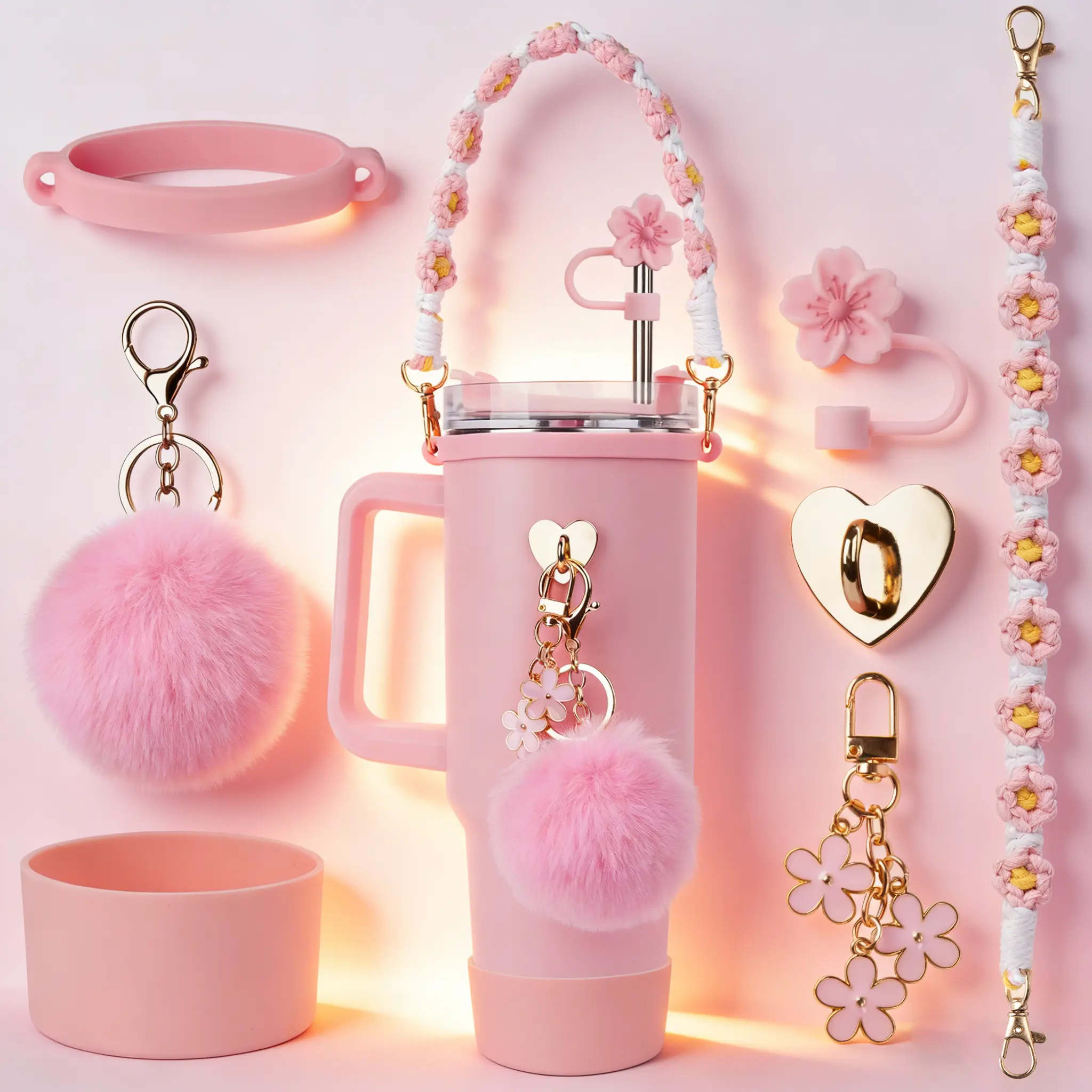 40oz Insulated Tumbler With Handle & 7PCS Sakura Accessories Set, Stainless Steel Travel Mug With Bohemian Strap, Straw Cover, Pom-Pom Charms, Silicone Boot, Keep Cold 12H & Hot 5H, Cute Water Bottle Gifts For Women.