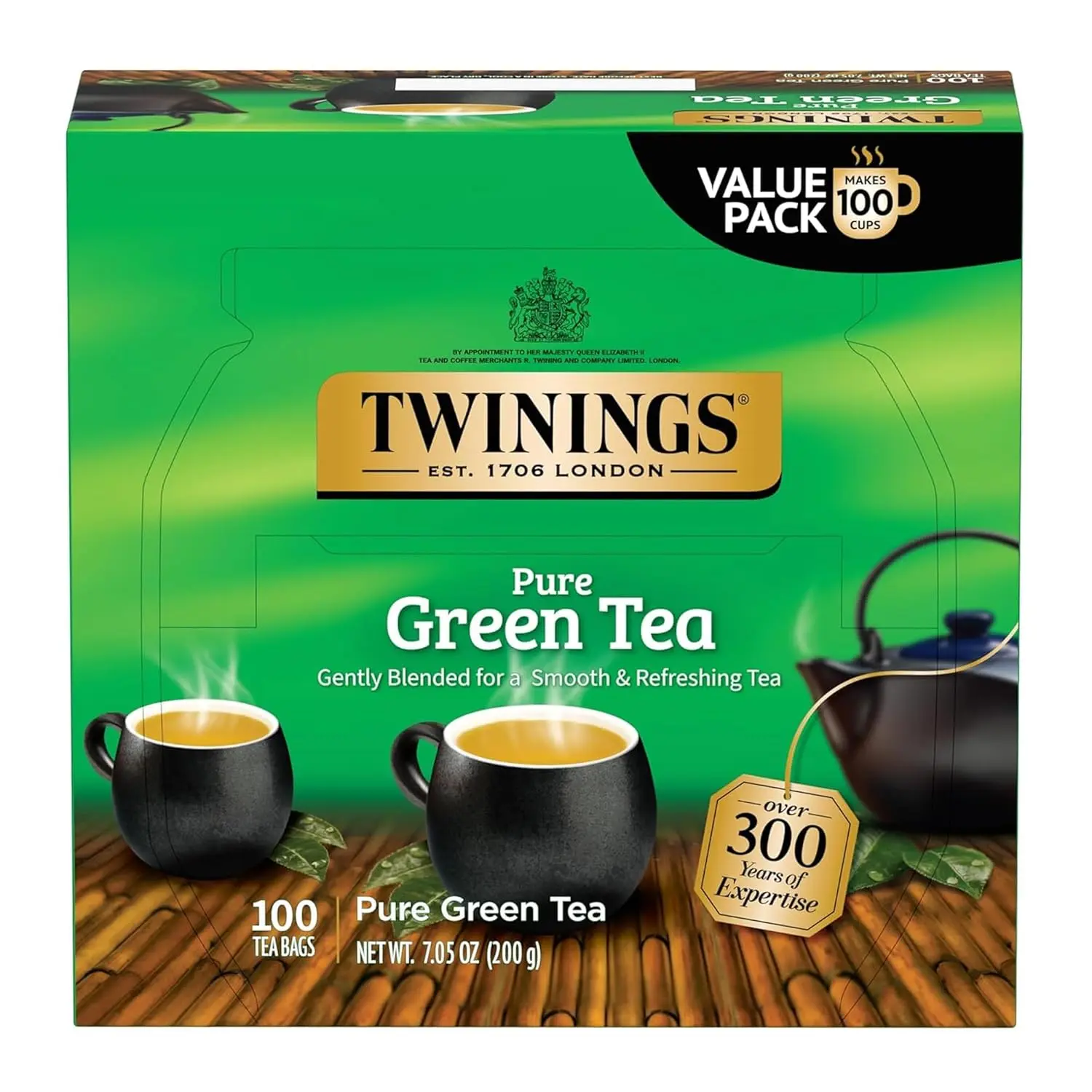 Twinings Pure Green Tea Beverage, Caffeinated Tea Bags, 100 CT Box (1 Pack) - Smooth, Fresh, Aromatic, Foil-Lined Individually Wrapped Bags, Enjoy Hot or Iced