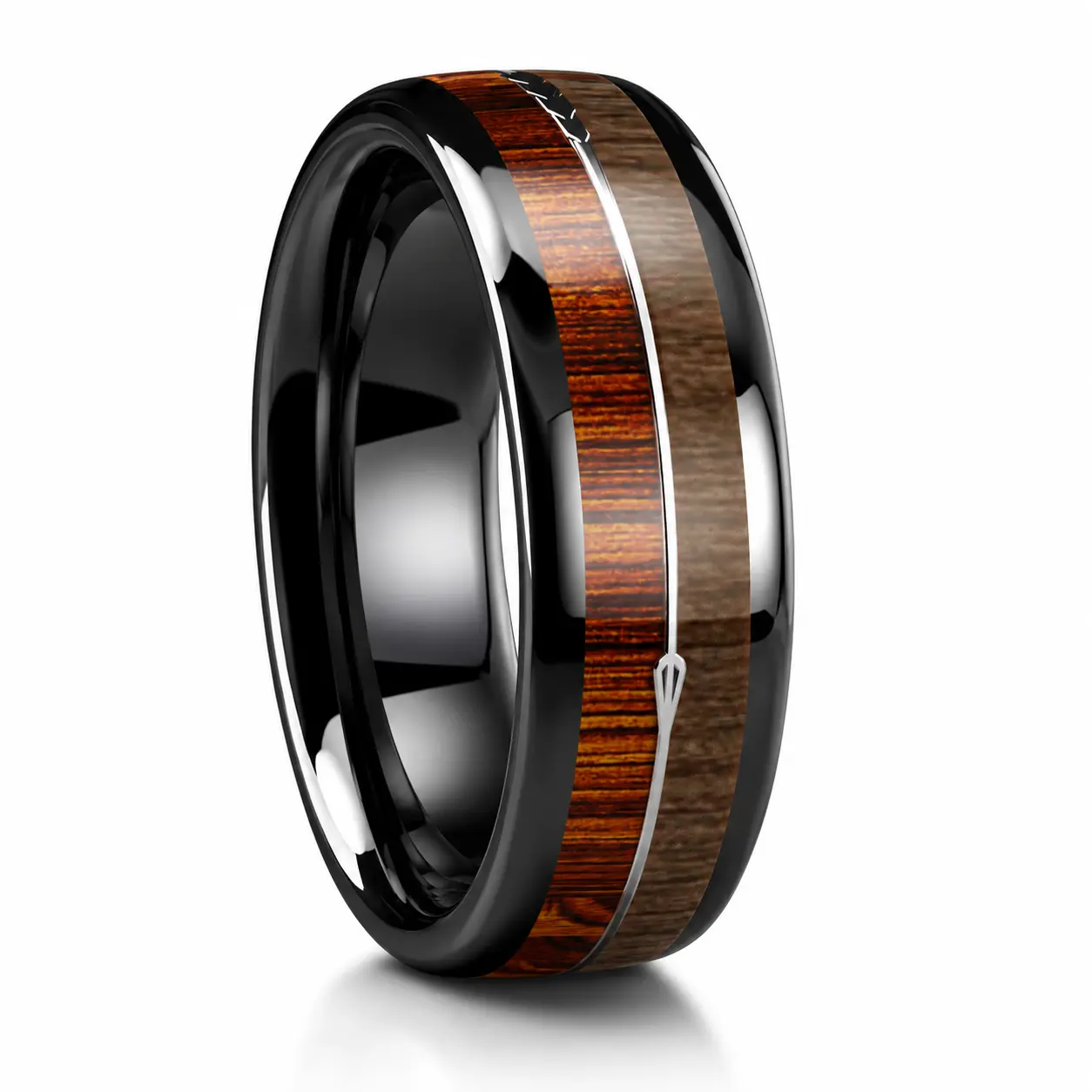 Black Tungsten Wedding Band for Men with Wood Inlay & Arrow Motif, 6mm/8mm Scratch Proof Comfort Fit Promise Ring, Mens Wedding Bands, Anniversary, Dark Aesthetic Rings, Graduation, Tungsten Carbide Rings
