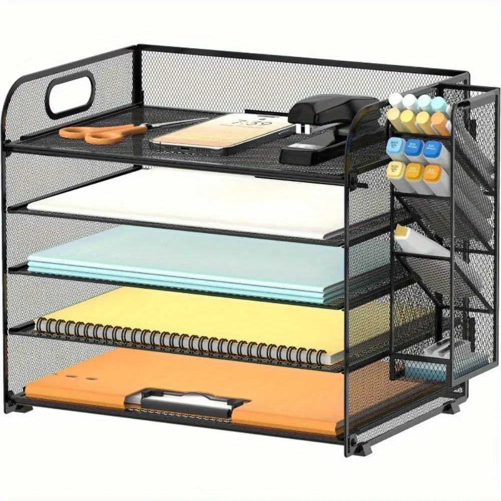5 Tier Desk Organizer with Handle & Removable Pen Holders, Mesh Paper/File Organizer for Desk, Paper Letter Tray Organizer for Office Supplies