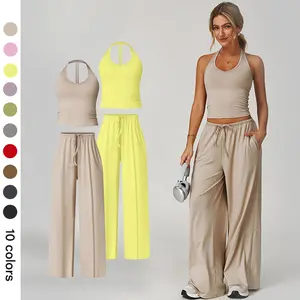 NVWA Women's 2-Piece Fitted Polyester-Silk Summervibe Sweatsuit Set - Feminine Adjustable V-Neck Strappy Top & Wide Leg Pants, Cooling Quick-Drying Breathable Figure-Flattering Style, Workout Running Clothes for Holiday Travel & Gym,summervibes