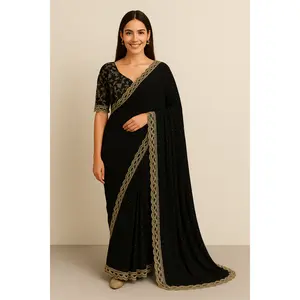 Elegant Satin Chiffon Pre-Pleated Saree with Embroidered Blouse – Sizes 32 to 46