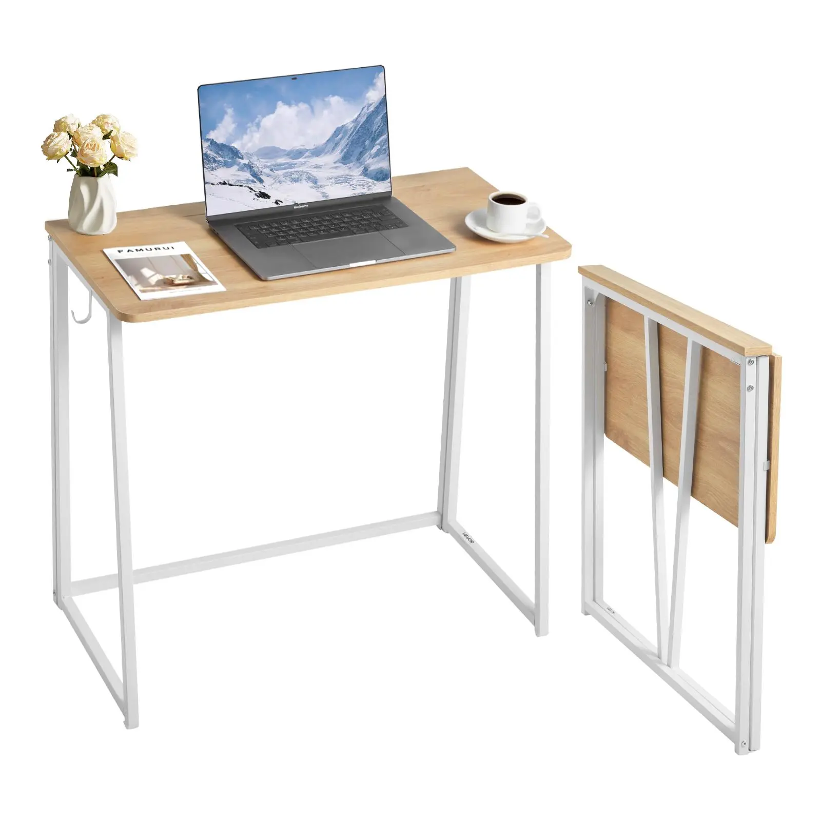 【SummerFinds】VEVOR Folding Desk, 31.5" Foldable Table for Small Spaces with Storage Hooks, Space Saving Computer Table, Writing Workstation for Home Office, Easy Assembly, Oak
