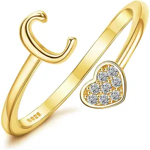 MILACOLATO 925 Sterling Silver Heart Initial Rings for Women  Stackable Ring Adjustable Initial Rings for Teen s Cute Heart Alphabet Letter Rings, Letter A-Z