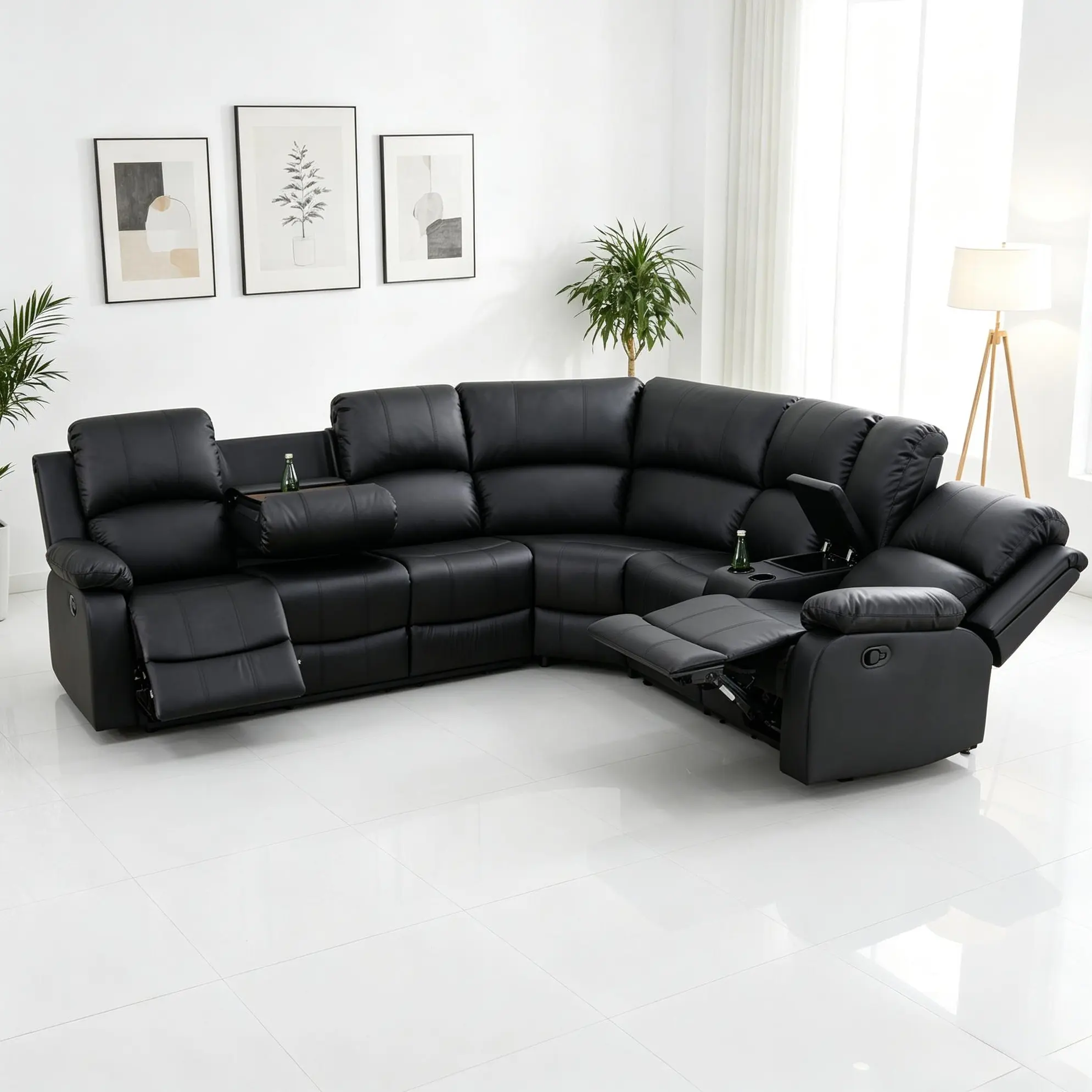 3-Piece Black Semi-PU Artificial Leather Recliner Couch Sofa Set, Breathable Durable Exquisite Modern Functional Comfy Upholstered Indoor Living Room Lounge Sofa, Artificial Leather Sofa