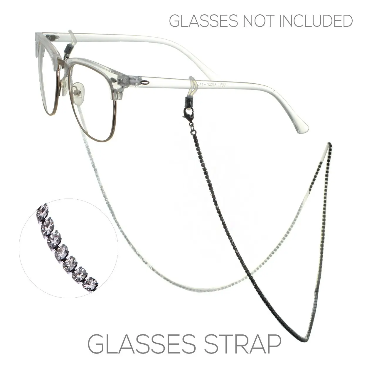 Women's Black Crystal Rhinestone Eyeglass Chain - Hematite Prongs Setting, Single Row, Convertible Necklace & Hands-Free Face Mask Holder, 28.5in, Removable Bars, Adjustable Rubber Bands, Lobster Claw, Fashion Accessories