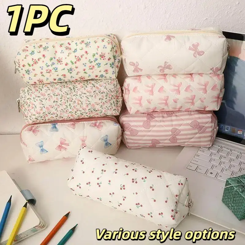 Floral Heart Bow Print Pencil Case, Back-To-School Stationery Storage Box, Dual-Sided Printed Bag, Portable Multifunctional Office & School Pencil Holder, Office Supplies, Writing Stationery