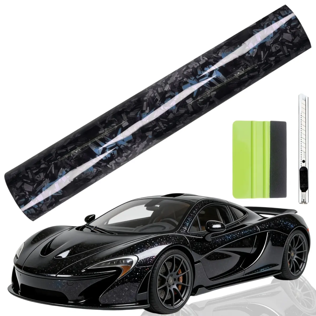 Foneso Blue Reflective Gloss Forged Carbon Fibre Decal Kit, 60"x12" Self-Adhesive Air Release Vinyl Wrap Stripe with Squeegee + Cutter, Fits Popular Brands (Decals Car Stickers)