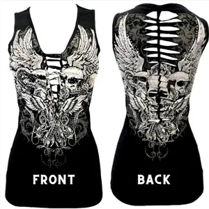 Peek-A-Boo Skull Crew Bling Tank Top Rhinestone Plus Size Casual Fitted street Stretchy Sleeveless Cotton Y2K Biker MCBling 2000s Alt Edgy