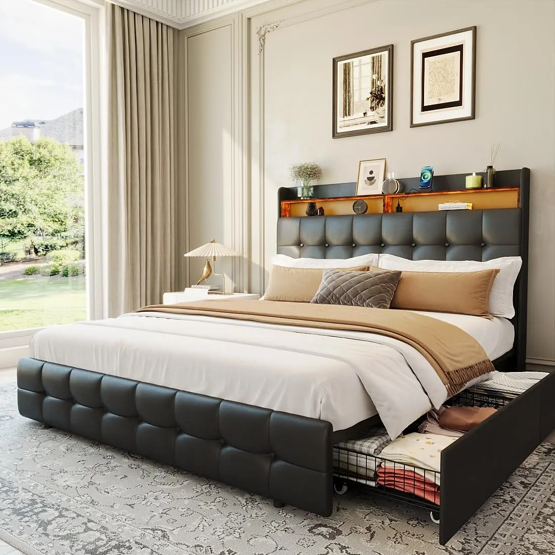 YJ-Garvee Queen Size Bed Frame with 2 Storage Drawers, Upholstered Queen Bed Frame with LED Light, Double-Layer Headboard with Charging Outlet and USB Port, Synthetic Leather, Black Color