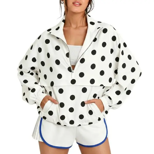 Fisoew Womens Oversized Polka Dot Half Zip Pullover Jacket Casual Lightweight Windbreaker Sweatshirt Trendy Long Sleeve Loose Fit Y2K Streetwear Fall Outerwear,back to school,back to school shopping